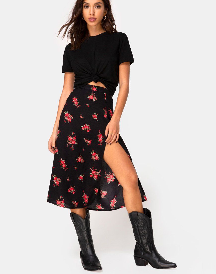 Saika Midi Skirt in Soi Rose Black and Red sold by Motel Rocks