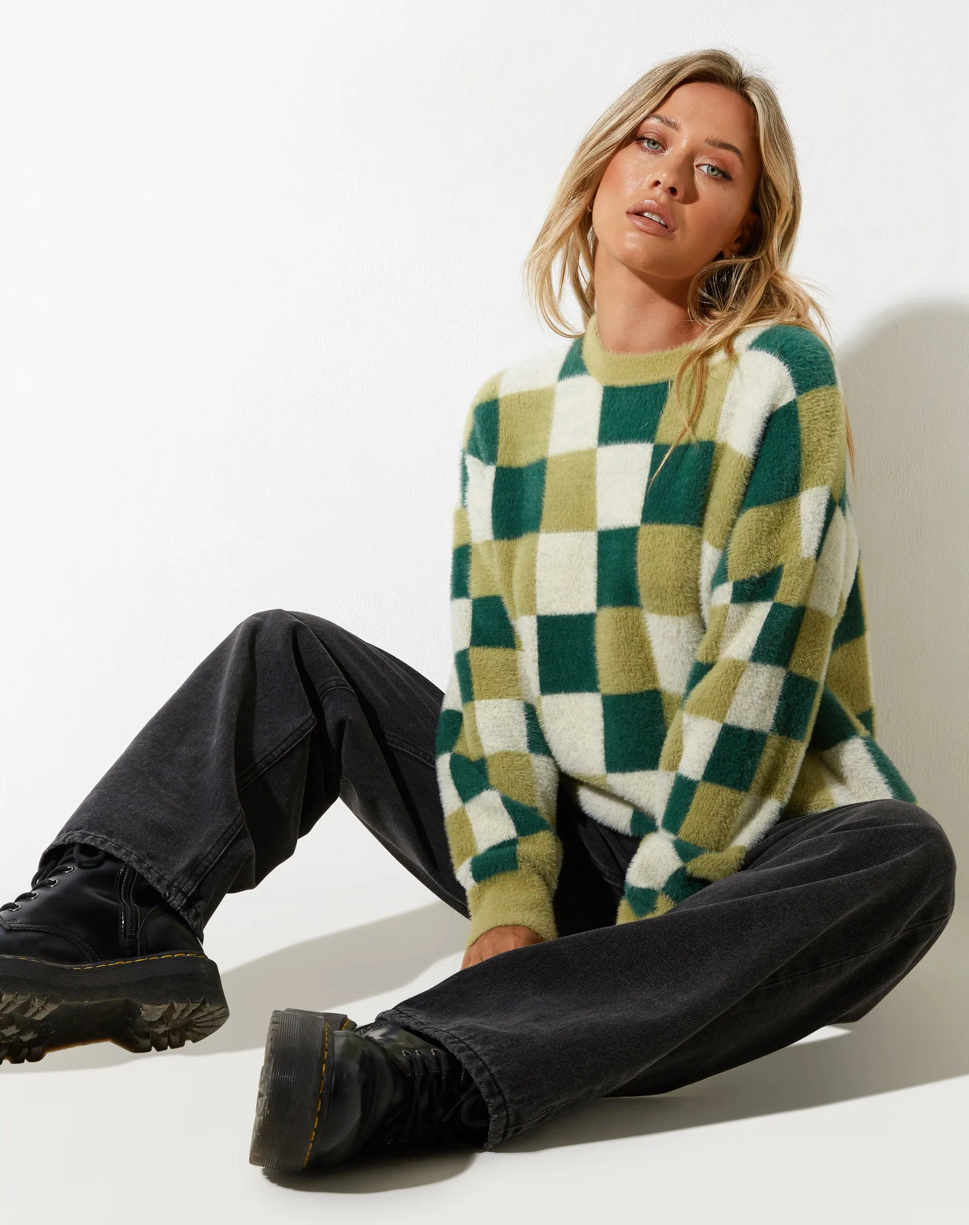 Namari Jumper in Checker Green Cream sold by Motel Rocks