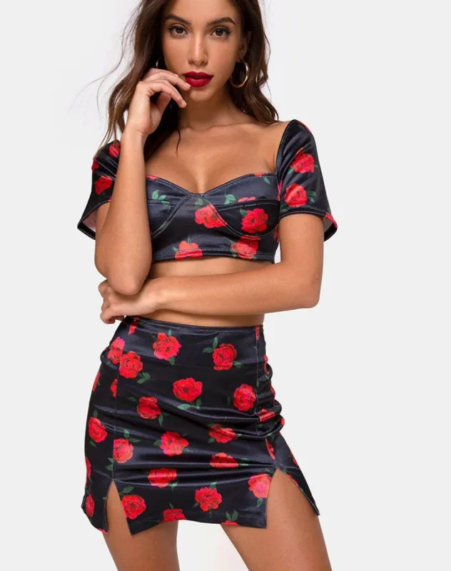 Zida Mini Skirt in Satin Stretch Last Rose Black sold by Motel Rocks