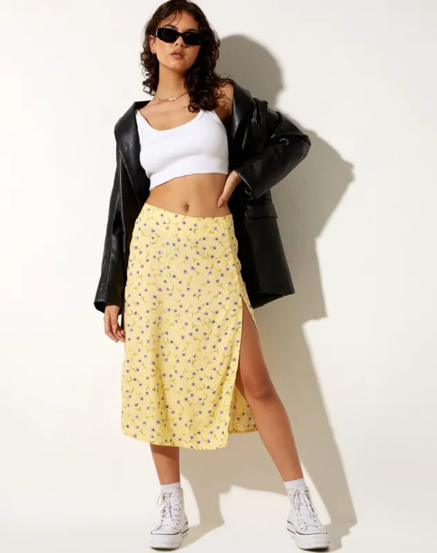 Seko Midi Skirt in Wild Flower Lemon Drop sold by Motel Rocks