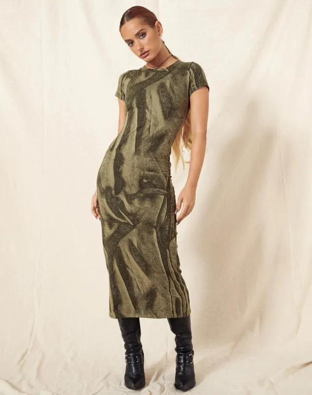 Rosika Midi Dress in Dystopian Crease Khaki sold by Motel Rocks