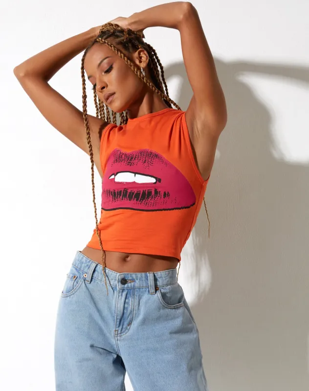Monlo Vest Top in Aperol Spritz Orange Lips sold by Motel Rocks