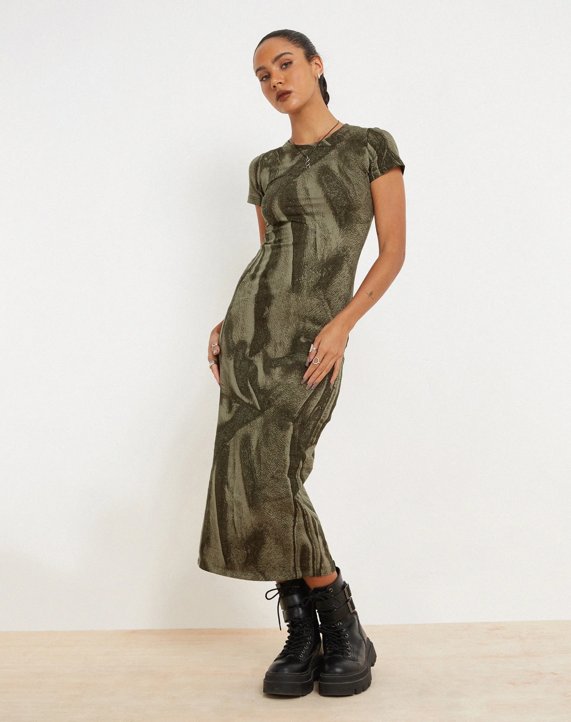 Rosika Midi Dress in Dystopian Crease Khaki sold by Motel Rocks product image thumbnail 4