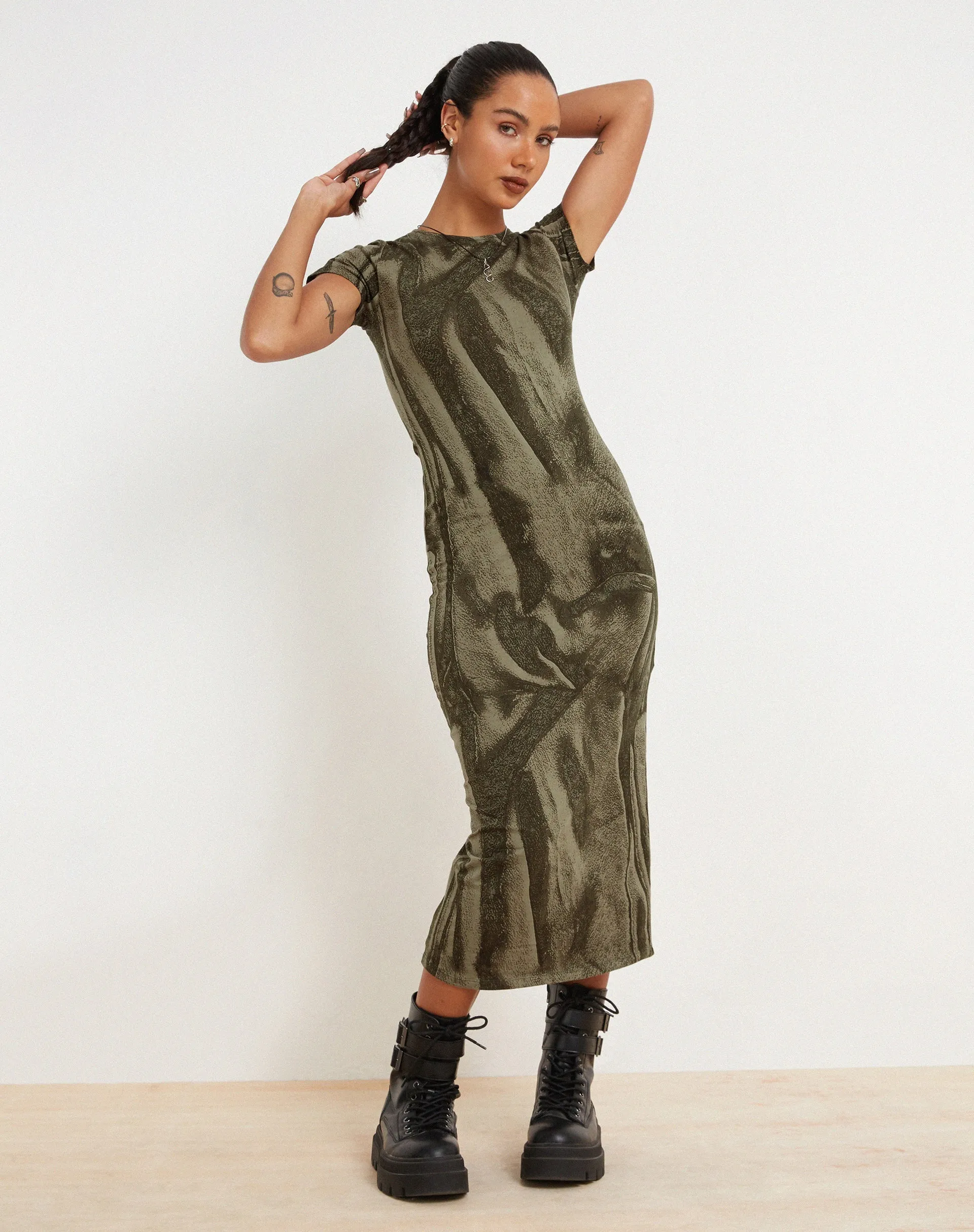 Rosika Midi Dress in Dystopian Crease Khaki sold by Motel Rocks product image thumbnail 2