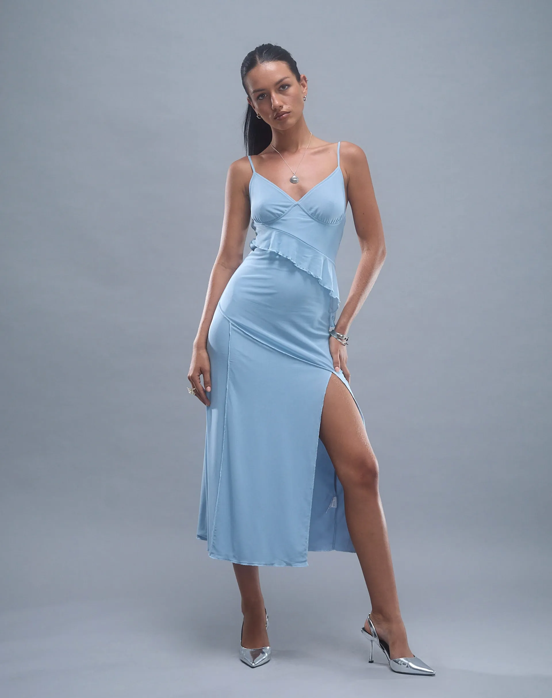 Jacy Ruffle Midi Dress in Mesh Blue sold by Motel Rocks product image thumbnail 2