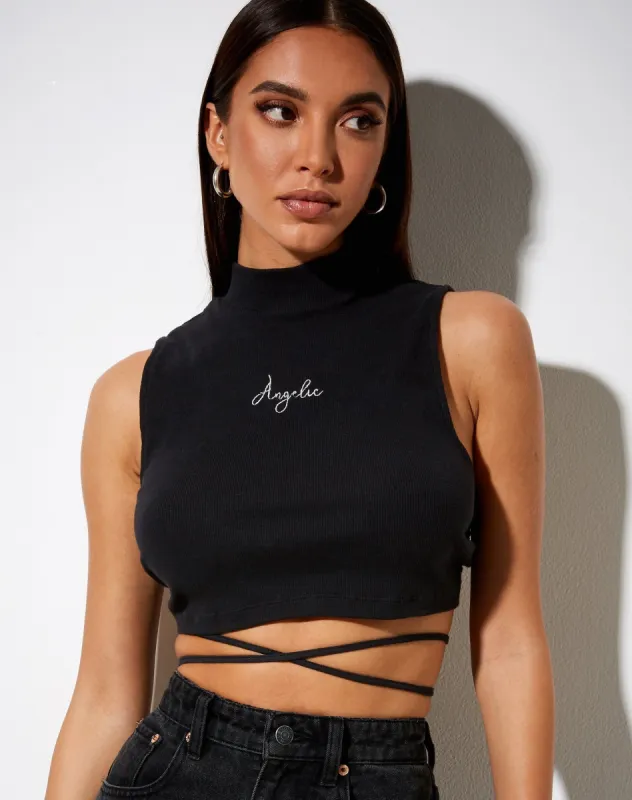 Quera Crop Top in Rib Black 'Angelic' Embro sold by Motel Rocks
