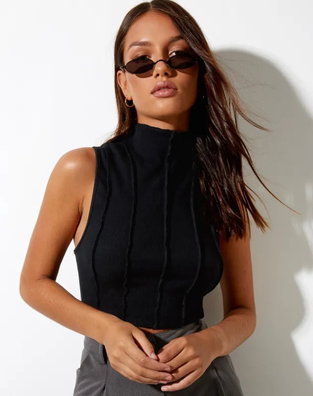 Ivy Vest Top in Rib Black with Black Stitching sold by Motel Rocks