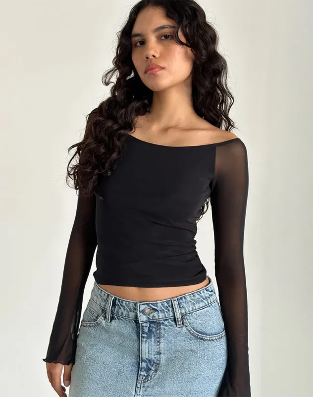 Lutana Bardot Top in Mesh Black sold by Motel Rocks