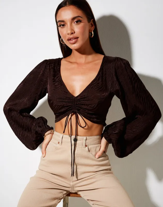Reilo Crop Top in Satin Zebra Bitter Chocolate sold by Motel Rocks