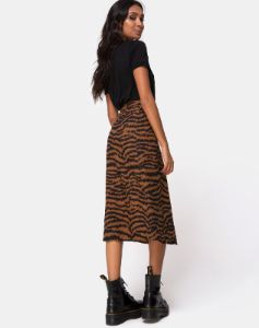 Saika Midi Skirt in Animal Drip Brown sold by Motel Rocks