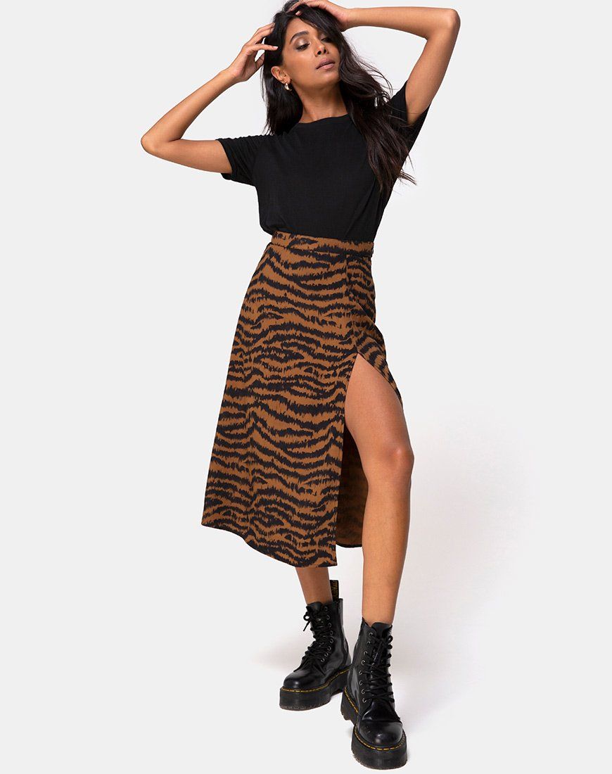 Saika Midi Skirt in Animal Drip Brown sold by Motel Rocks