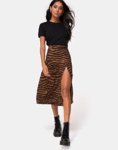 Saika Midi Skirt in Animal Drip Brown sold by Motel Rocks