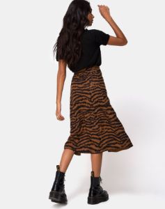 Saika Midi Skirt in Animal Drip Brown sold by Motel Rocks