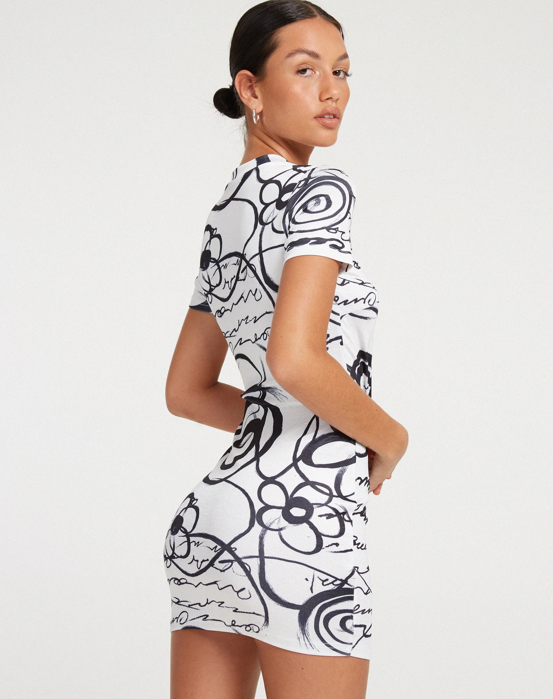 Dahara Mini Dress in Mono Doodle Black and White sold by Motel Rocks product image thumbnail 3