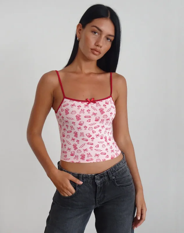 Isna Cami Top in Girlie Print with Red Binding sold by Motel Rocks