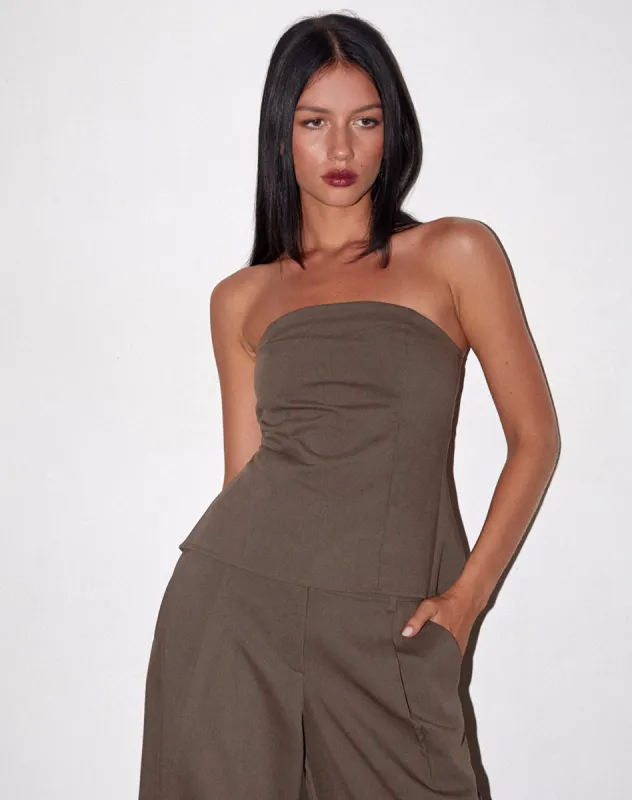 Mairi Longline Bandeau Top in Taupe Tailoring sold by Motel Rocks