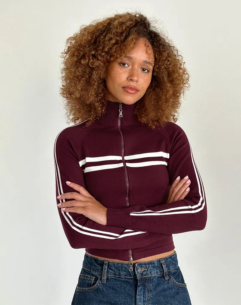 Talisa Zip Through Jacket in Maroon with White Stripe sold by Motel Rocks