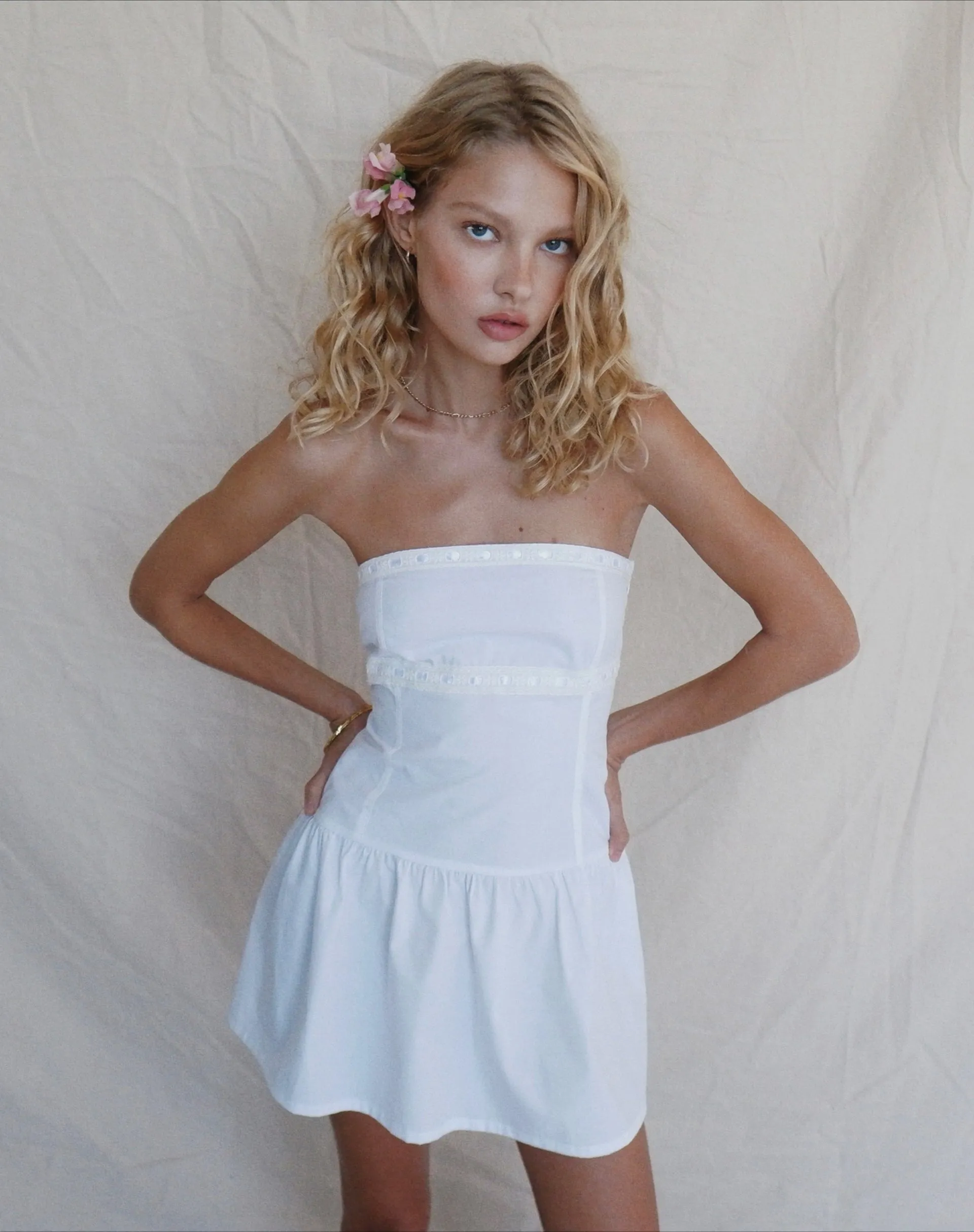 Faelyn Bandeau Mini Dress in Poplin White sold by Motel Rocks