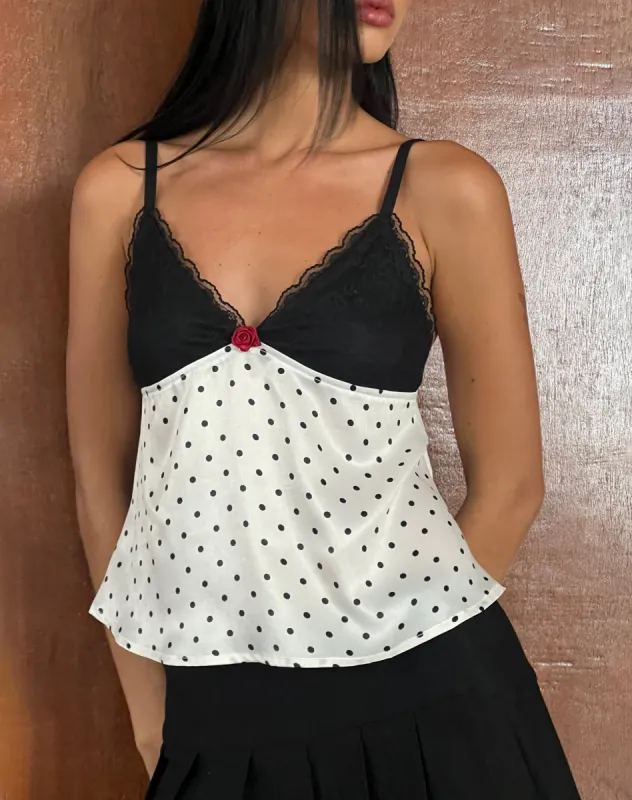 Dalinda Cami Top in Black and White Polka Dot Satin sold by Motel Rocks