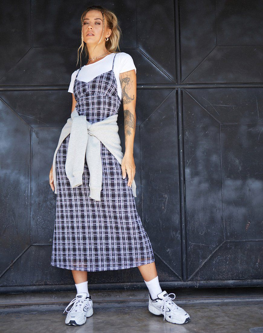 Cotina Midi Dress in Inkblot Check Black and White sold by Motel Rocks
