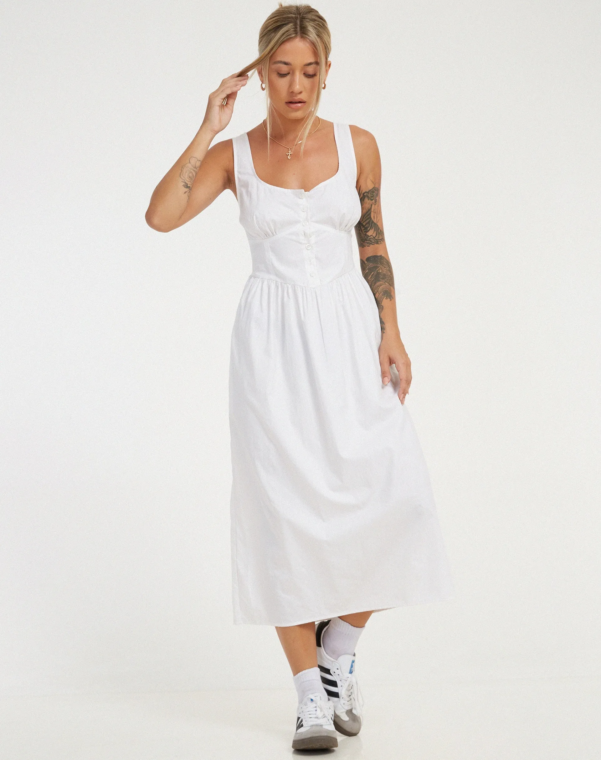 Melrose Midi Dress in White sold by Motel Rocks