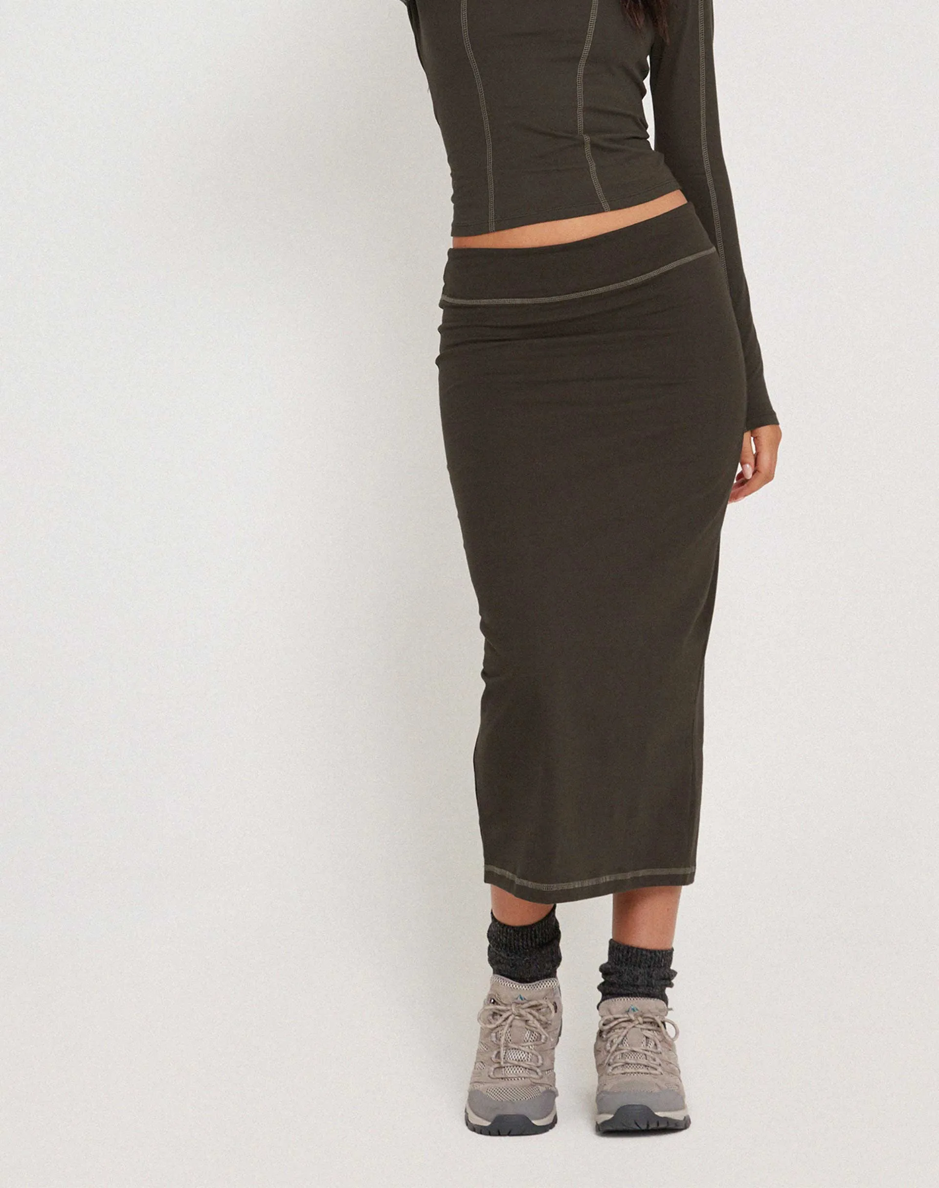 Peka Midi Skirt in Gunmetal with Grey Top Stitch sold by Motel Rocks product image thumbnail 2
