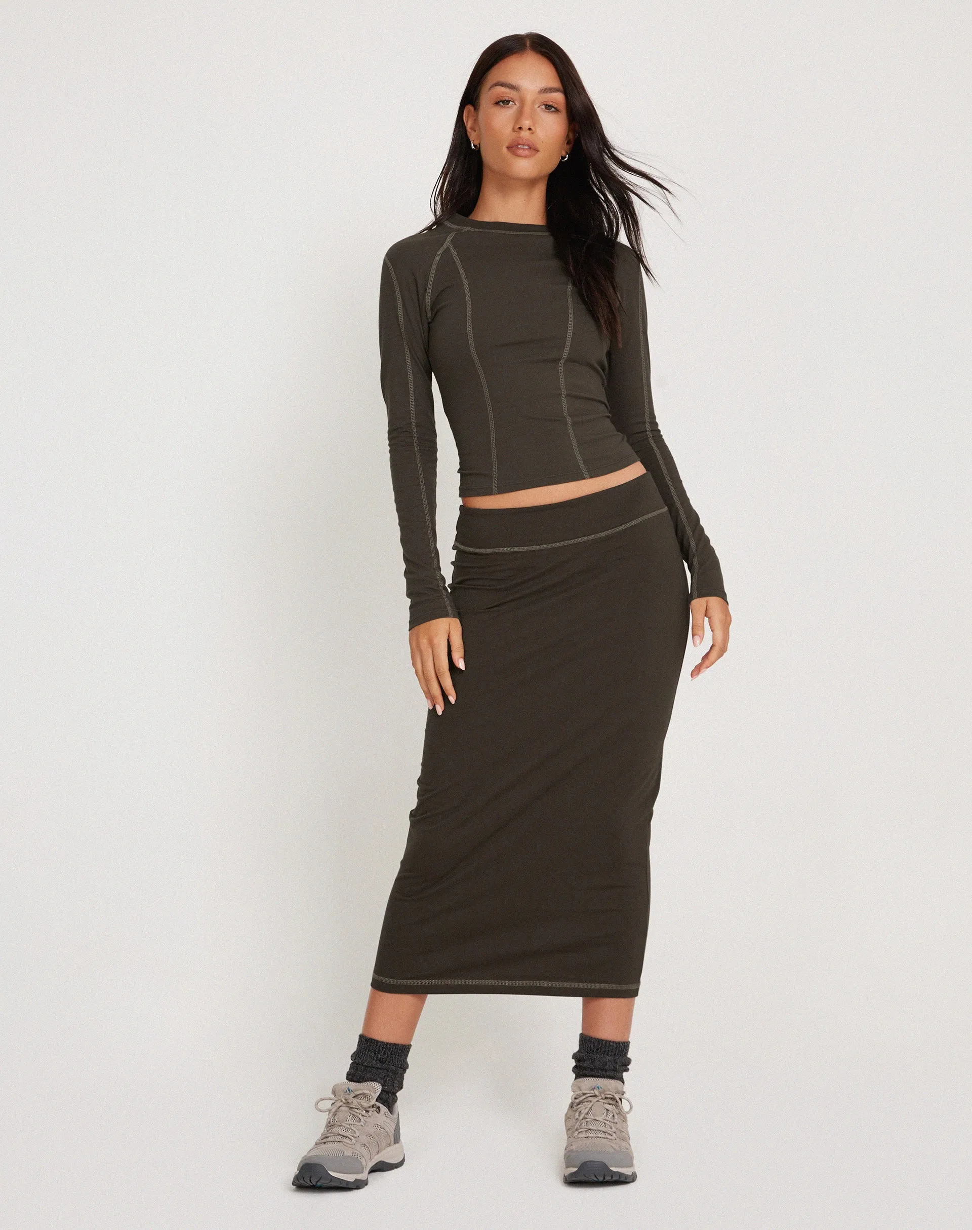 Peka Midi Skirt in Gunmetal with Grey Top Stitch sold by Motel Rocks