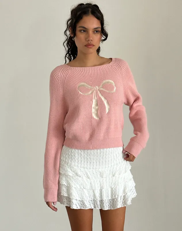 Tami Jumper in Knit Pink with White Bow Embroidery made by Motel Rocks