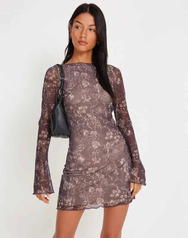 Sevila Long Sleeve Mini Dress in Botanical Dark Brown | Parallel