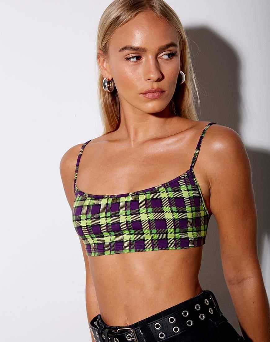 Micro Crop Top in Green And Purple Check sold by Motel Rocks