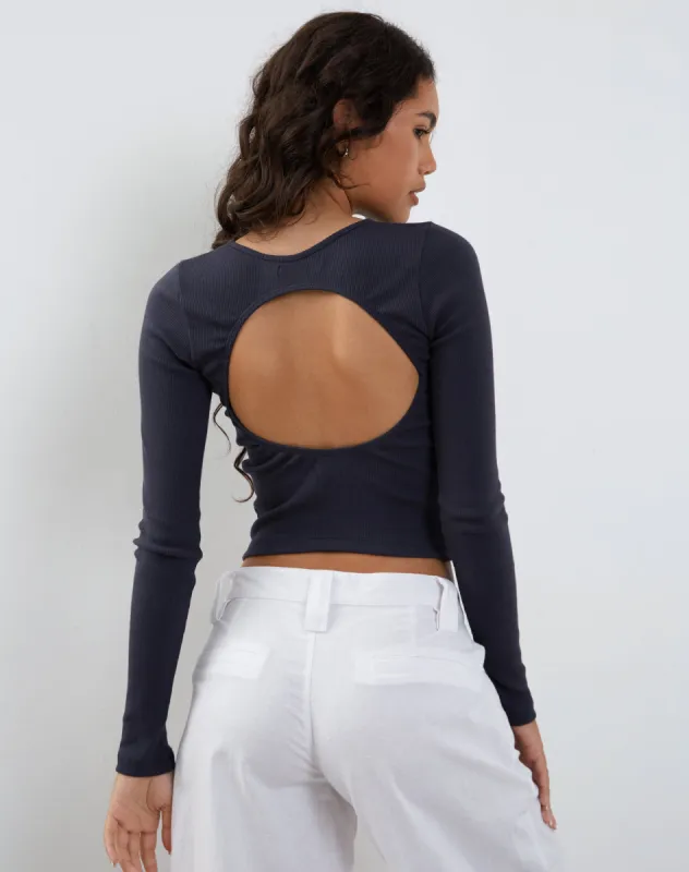 Gelbon Open Back Long Sleeve Top in Ribbed Ocean Storm sold by Motel Rocks