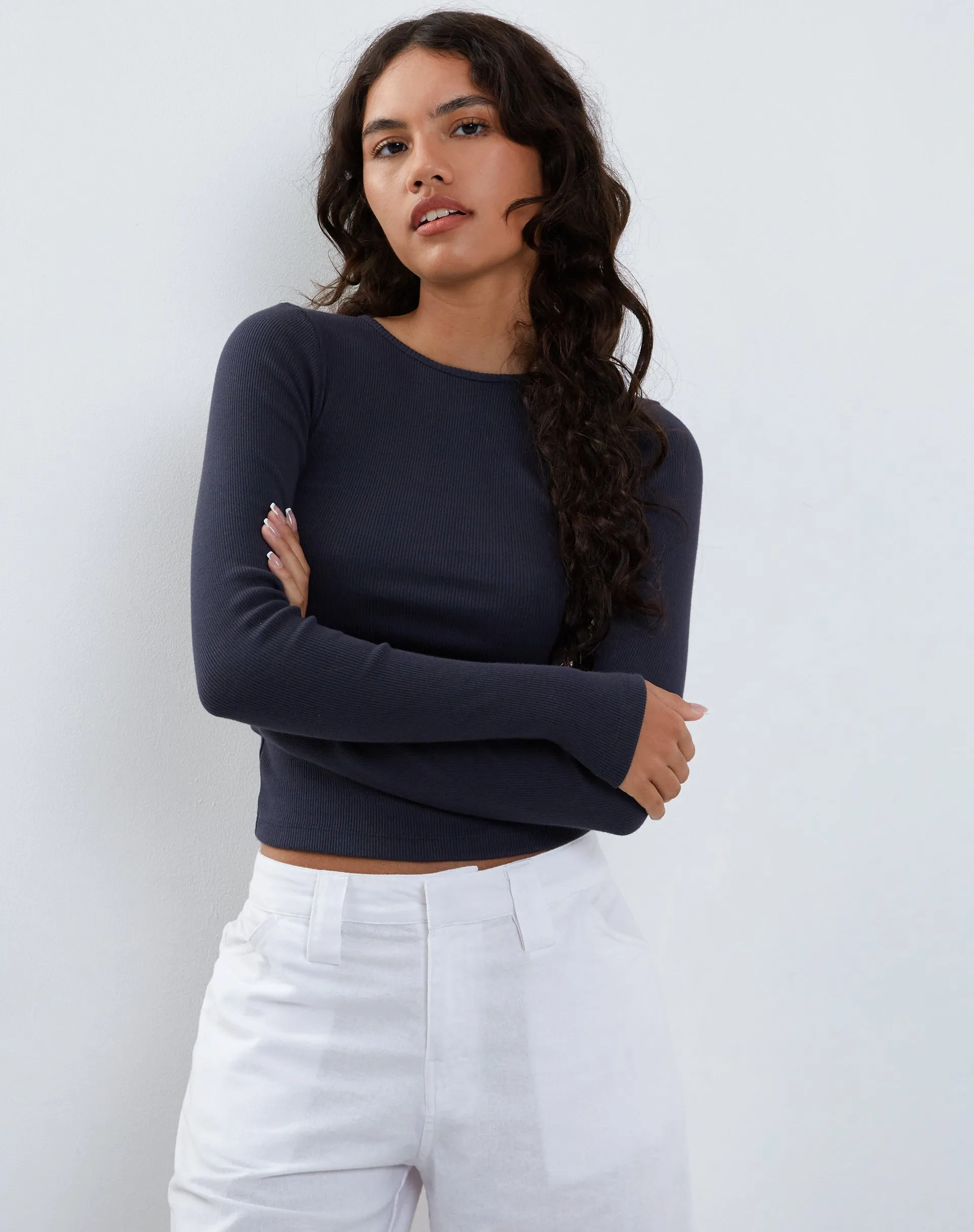 Gelbon Open Back Long Sleeve Top in Ribbed Ocean Storm sold by Motel Rocks product image thumbnail 4