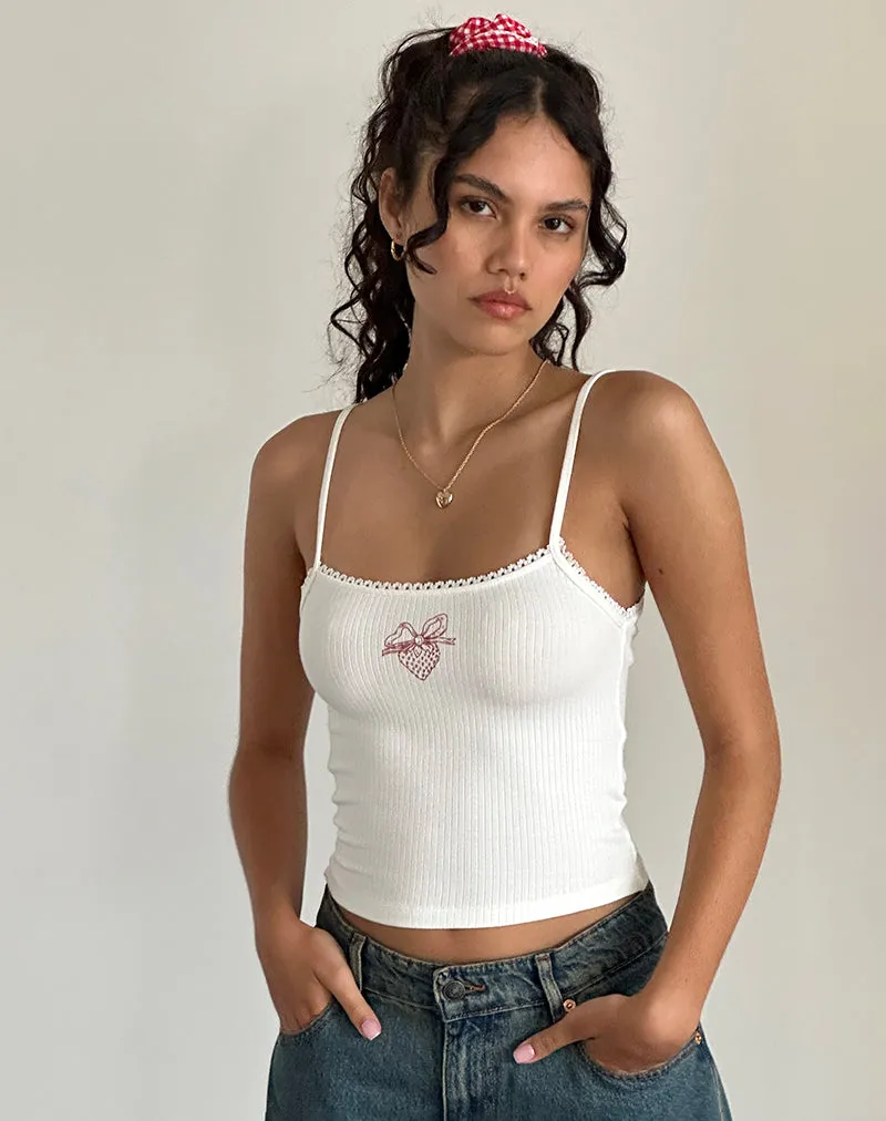 Suna Vest Top in Off White with Strawberry Bow Print sold by Motel Rocks