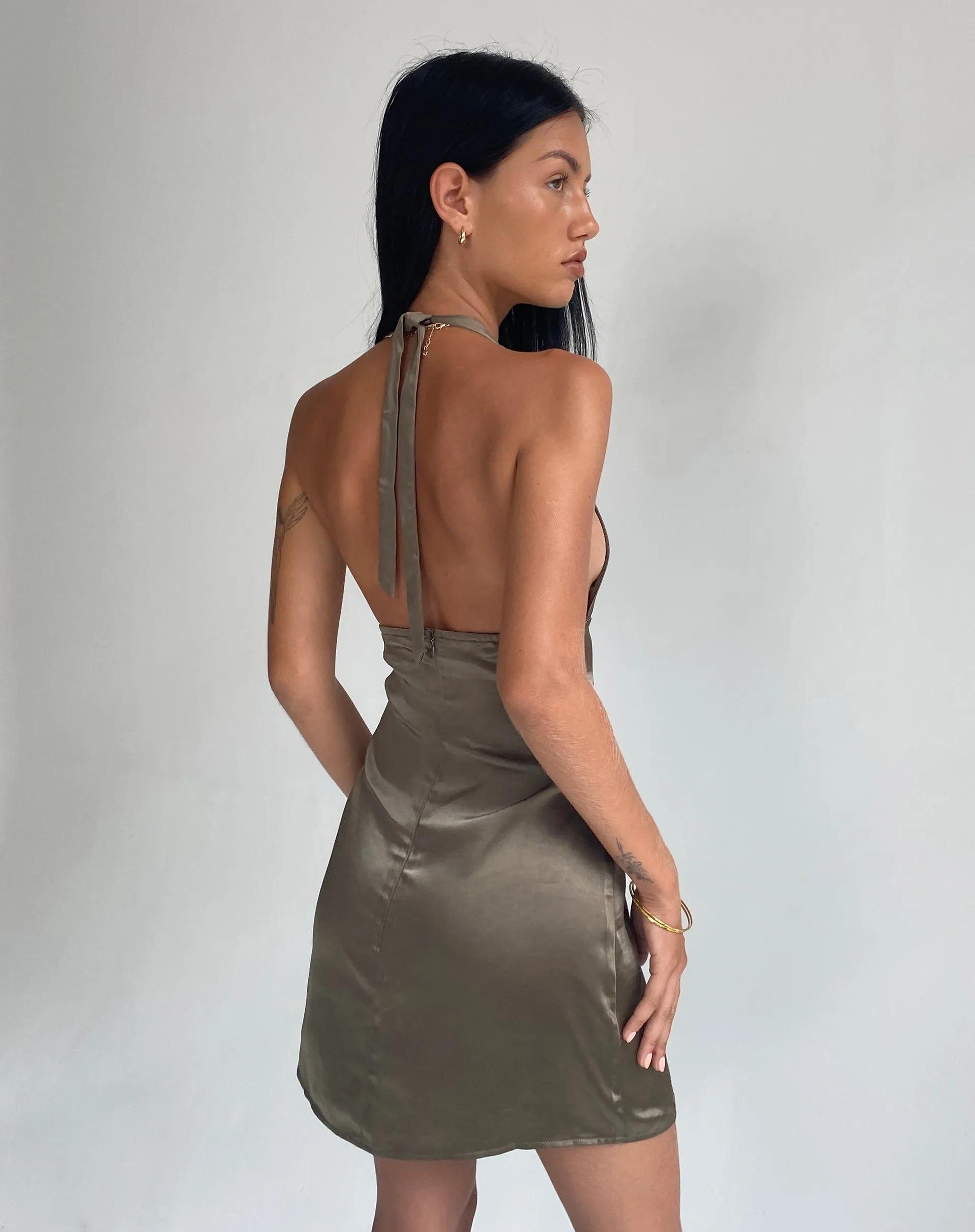 Coda Slip Dress in Satin Dark Olive sold by Motel Rocks product image thumbnail 5