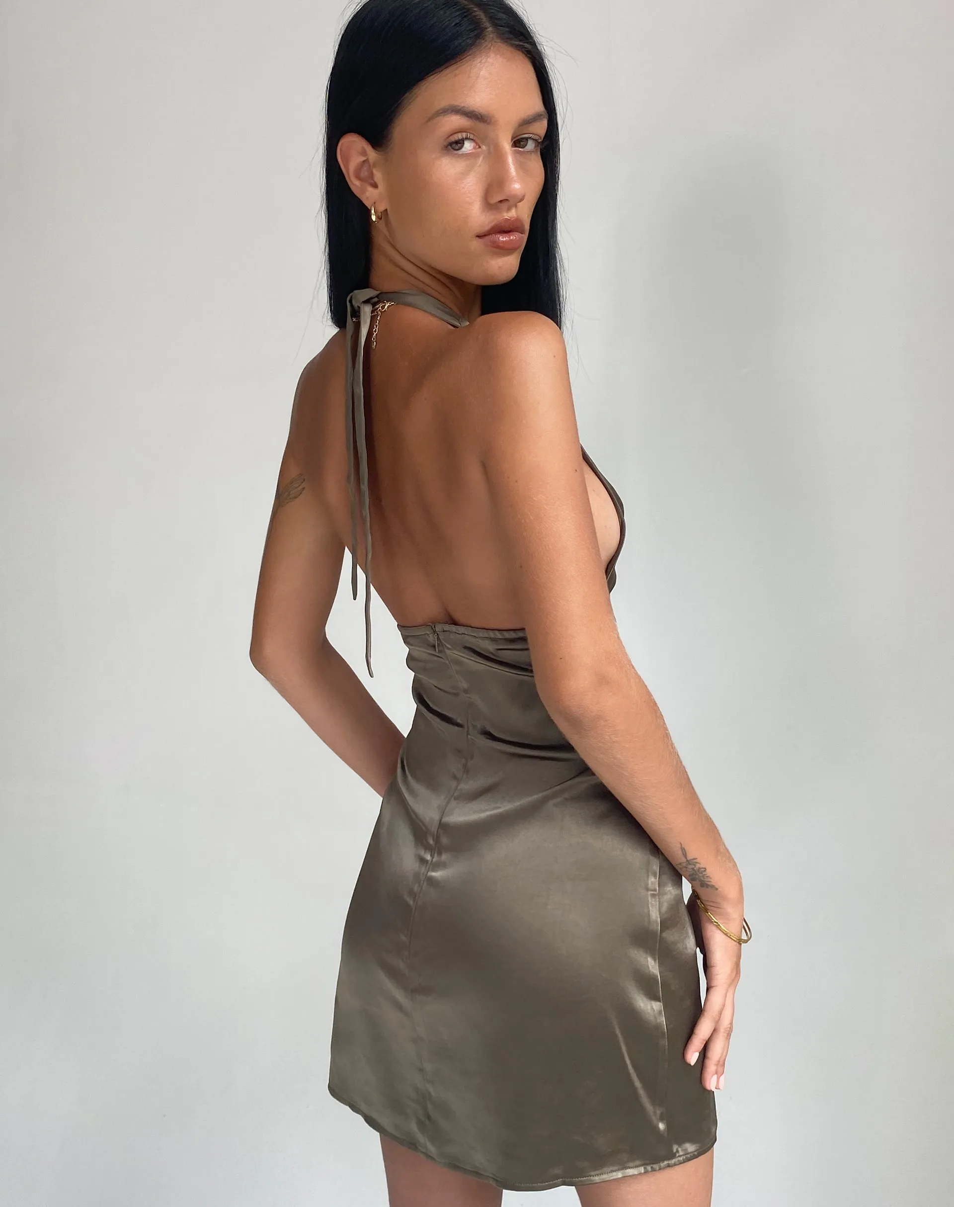 Coda Slip Dress in Satin Dark Olive sold by Motel Rocks product image thumbnail 3