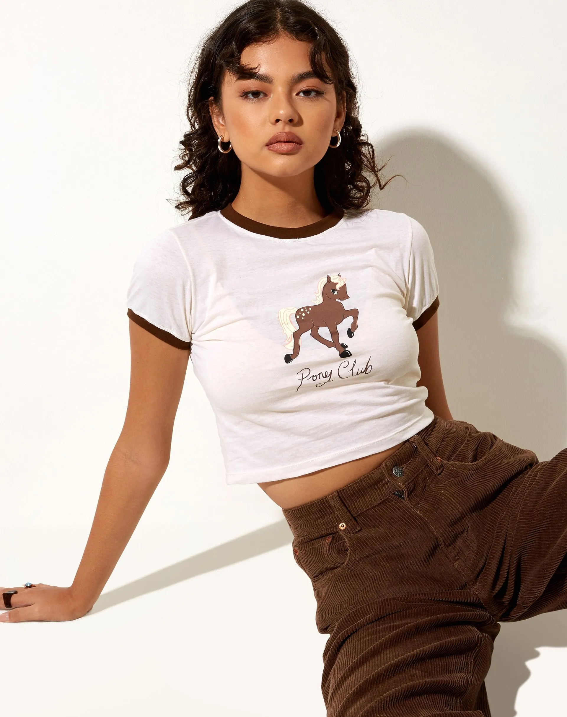 Ringer Tee in Winter White Bind Cocoa Pony Club sold by Motel Rocks