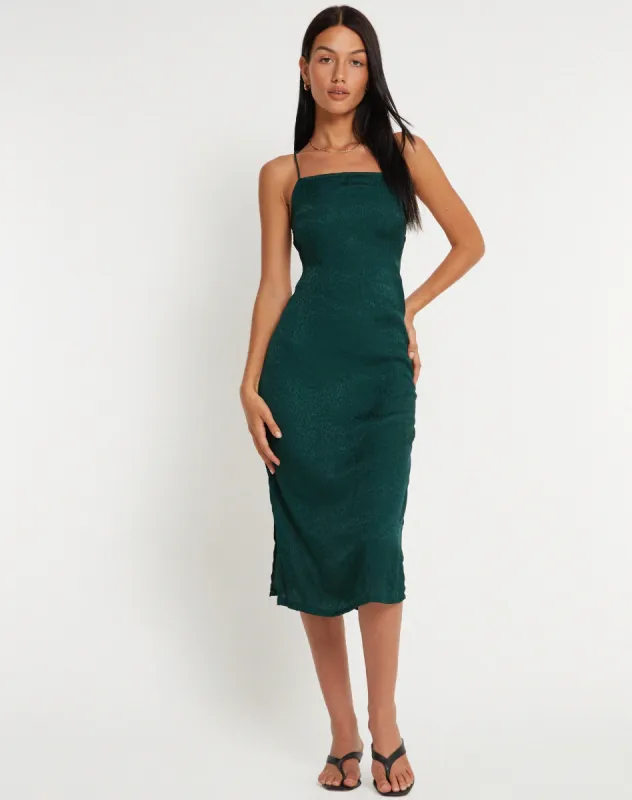 Nosita Midi Dress in Satin Cheetah Forest Green sold by Motel Rocks