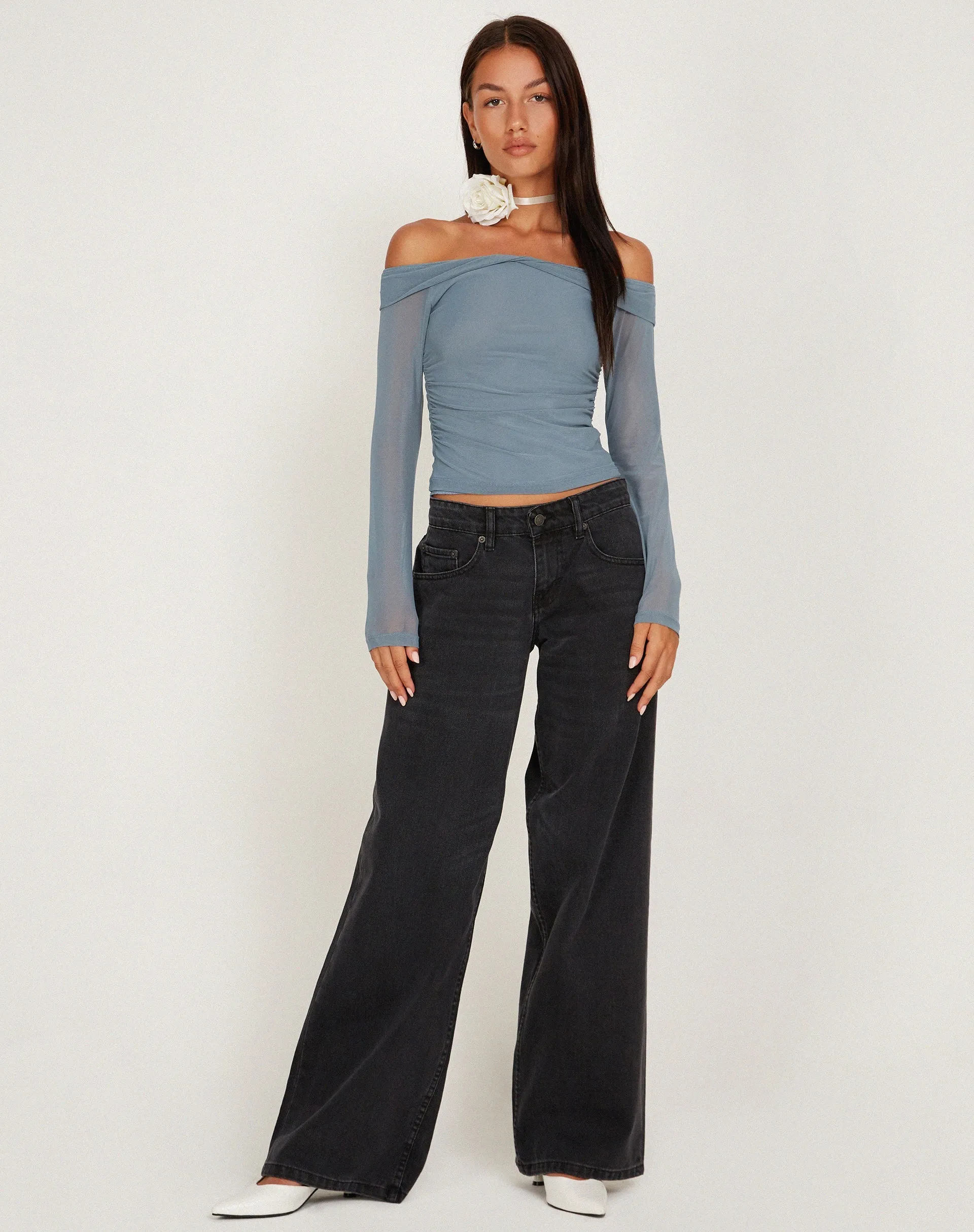 Nauri Mesh Bardot Top in Blue Grey sold by Motel Rocks product image thumbnail 4