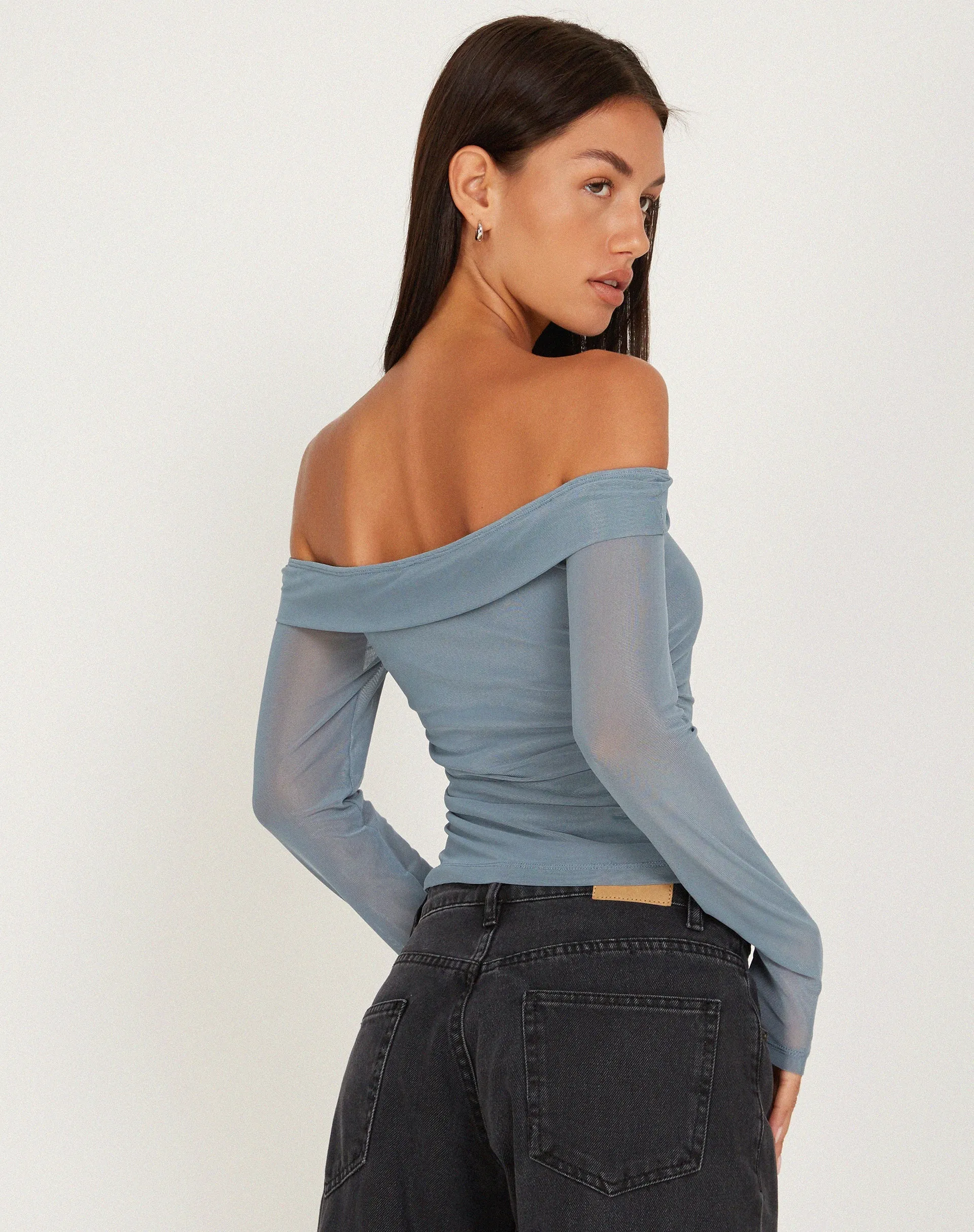 Nauri Mesh Bardot Top in Blue Grey sold by Motel Rocks product image thumbnail 3