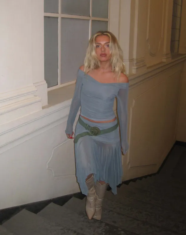 Nauri Mesh Bardot Top in Blue Grey sold by Motel Rocks