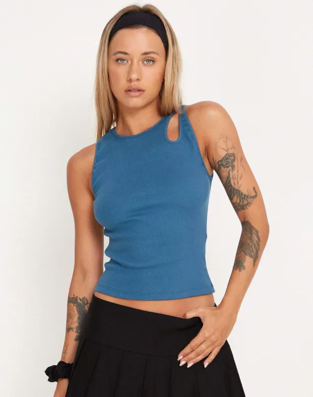 Tasin Vest Top in Rib Dusk Blue sold by Motel Rocks