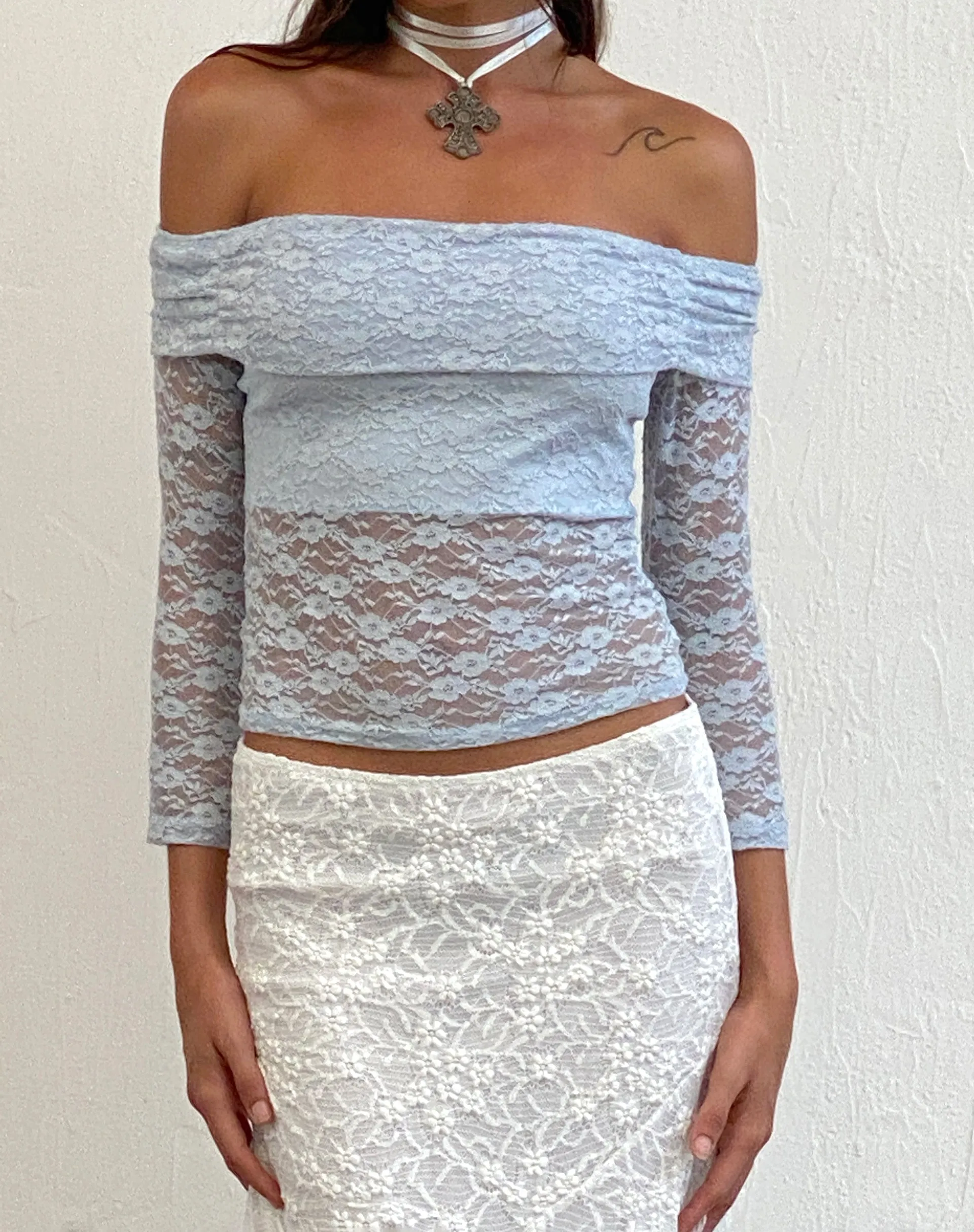 Nixie Long Sleeve Bardot Top in Lace Light Blue sold by Motel Rocks product image thumbnail 4