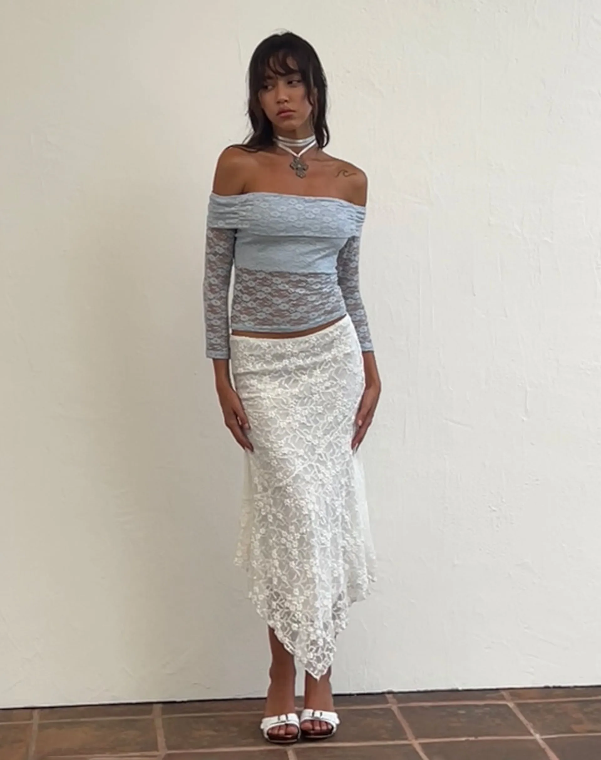 Nixie Long Sleeve Bardot Top in Lace Light Blue sold by Motel Rocks product image thumbnail 2