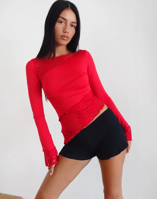 Lucca Long Sleeve Top in Slinky Lace Red sold by Motel Rocks