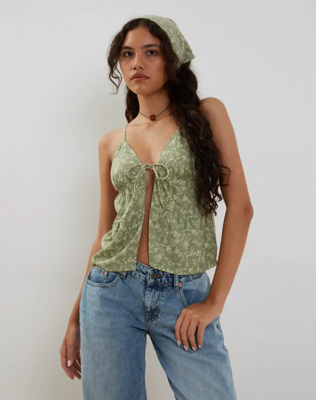 Tezza Tie Front Cami Top in Ditsy Floral Green sold by Motel Rocks