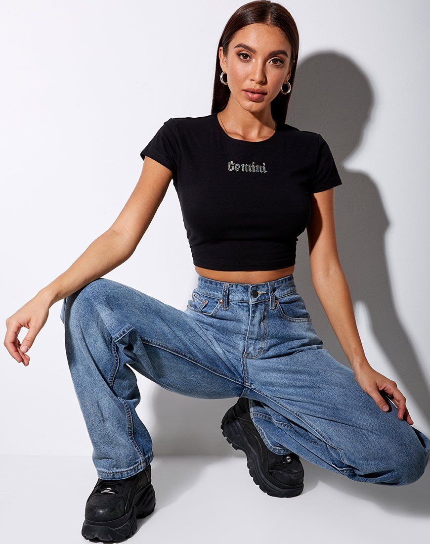 Tiney Crop Tee in Black 'Gemini' Diamante sold by Motel Rocks