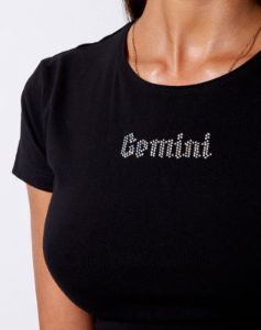 Tiney Crop Tee in Black 'Gemini' Diamante sold by Motel Rocks