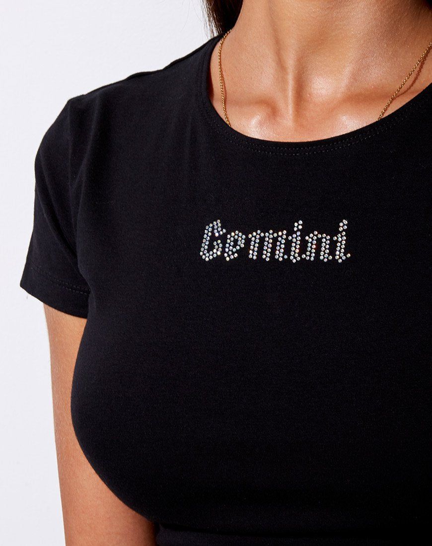 Tiney Crop Tee in Black 'Gemini' Diamante sold by Motel Rocks product image thumbnail 2