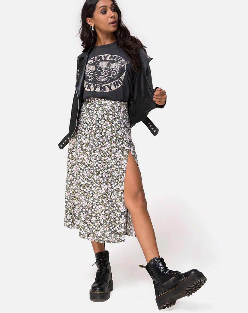 Saika Midi Skirt in Floral Field Olive sold by Motel Rocks