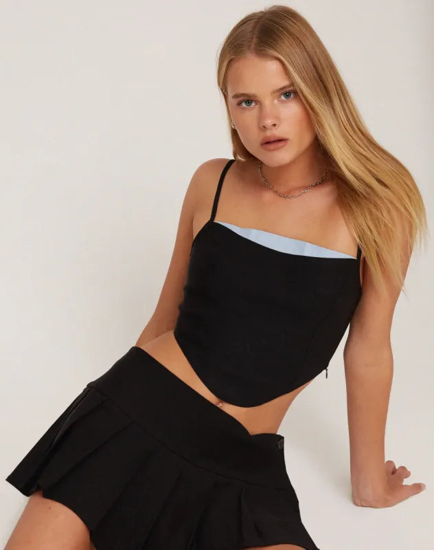 Rivas Crop Top in Tailoring Black with Pale Blue Trim sold by Motel Rocks